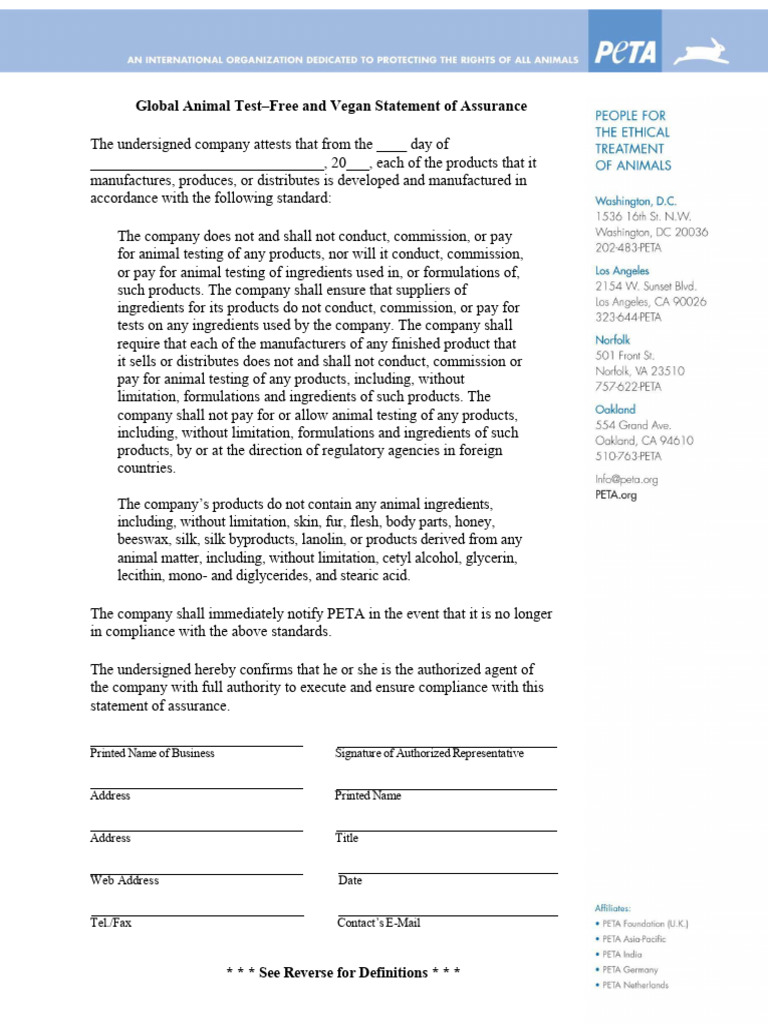 Company Global Animal Test-Free and Vegan Statement of Assurance | PDF ...