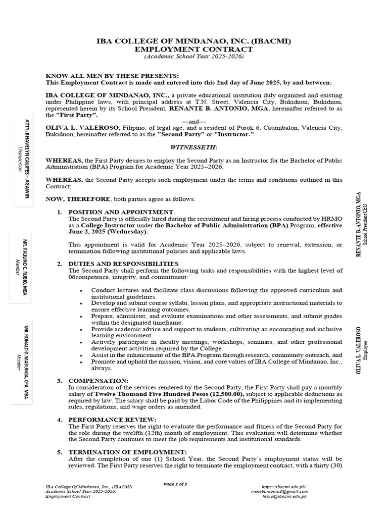 Employment Contract for Instructor 2025-2026 | PDF | Employment | Salary