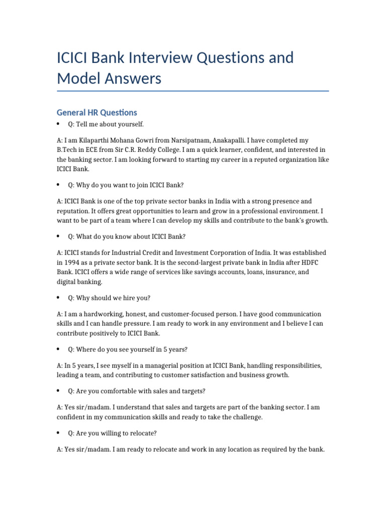 ICICI Bank Interview Questions and Answers | PDF | Service Industries |  Banking