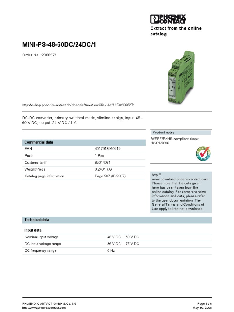 MINI-PS-48-60DC/24DC/1: Order No.: 2866271 | PDF | Electromagnetic ...