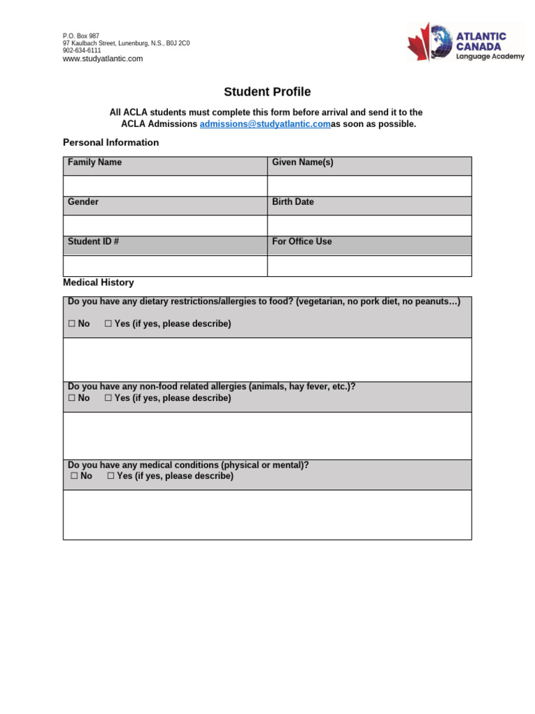 ACLA Student Profile Form | PDF