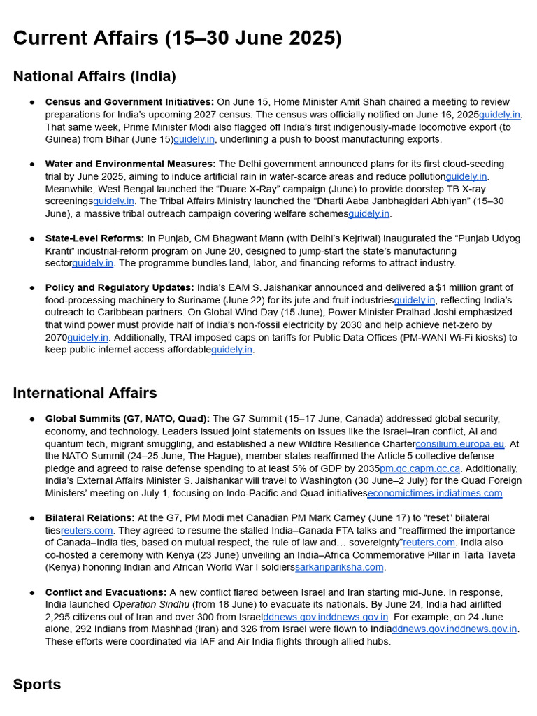 June 2025 Current Affairs in India | PDF