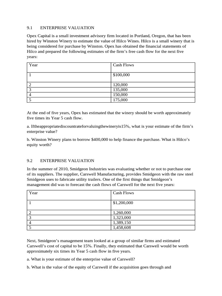 Enterprise Valuation Case Studies | PDF | Free Cash Flow | Valuation ...