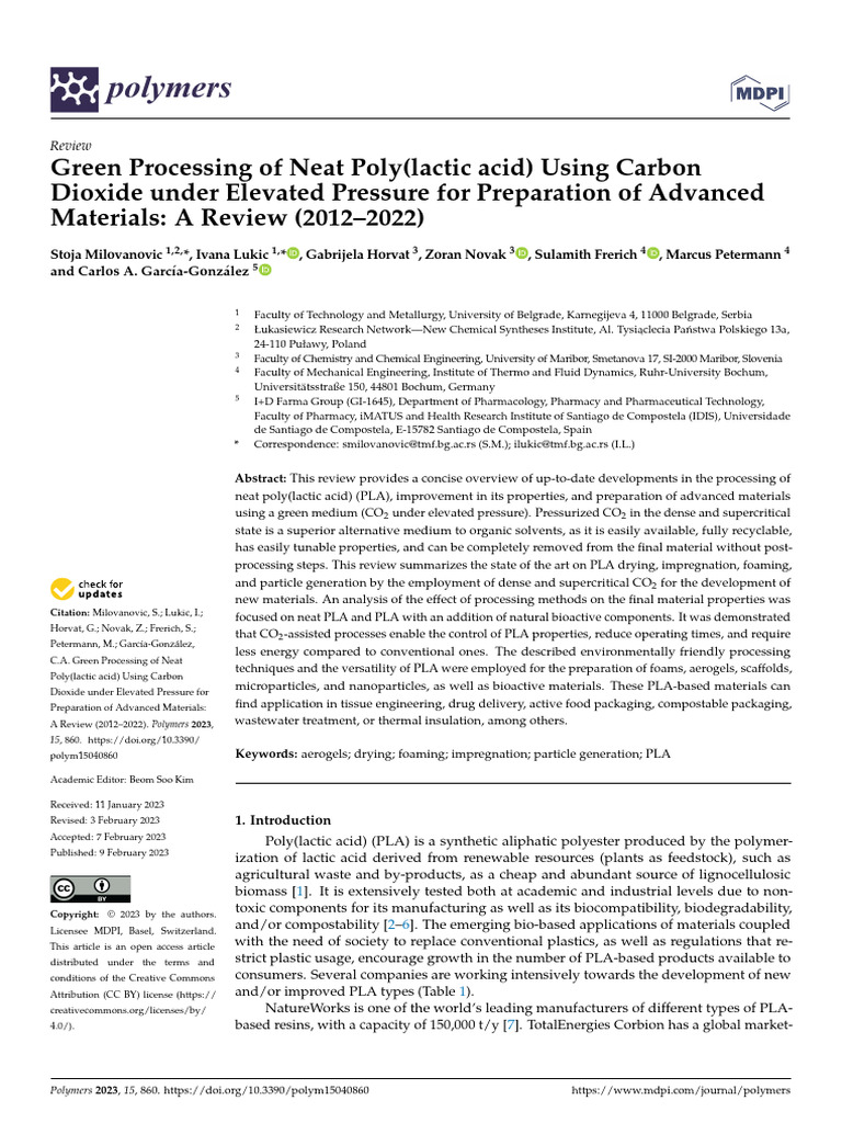 Green PLA Processing with CO2 Techniques | PDF | Supercritical Fluid ...