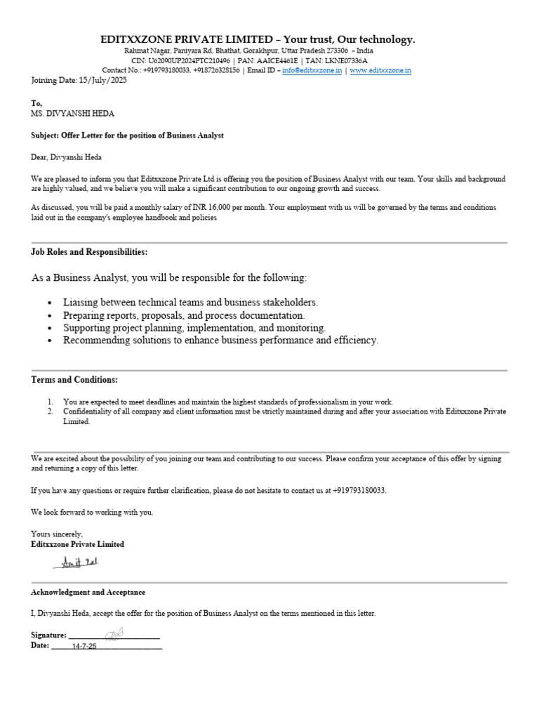Offer Letter - Divyanshi Heda - EZPL02 - Web Developer | PDF