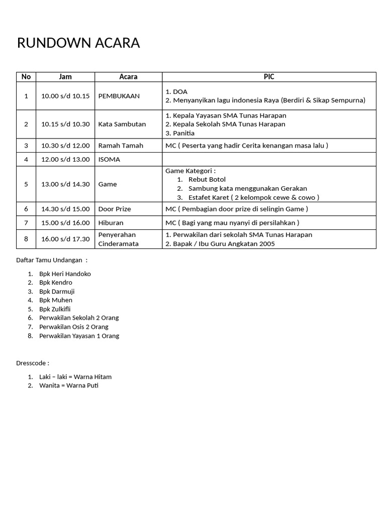 Rundown Acara SMA Tunas Harapan | PDF
