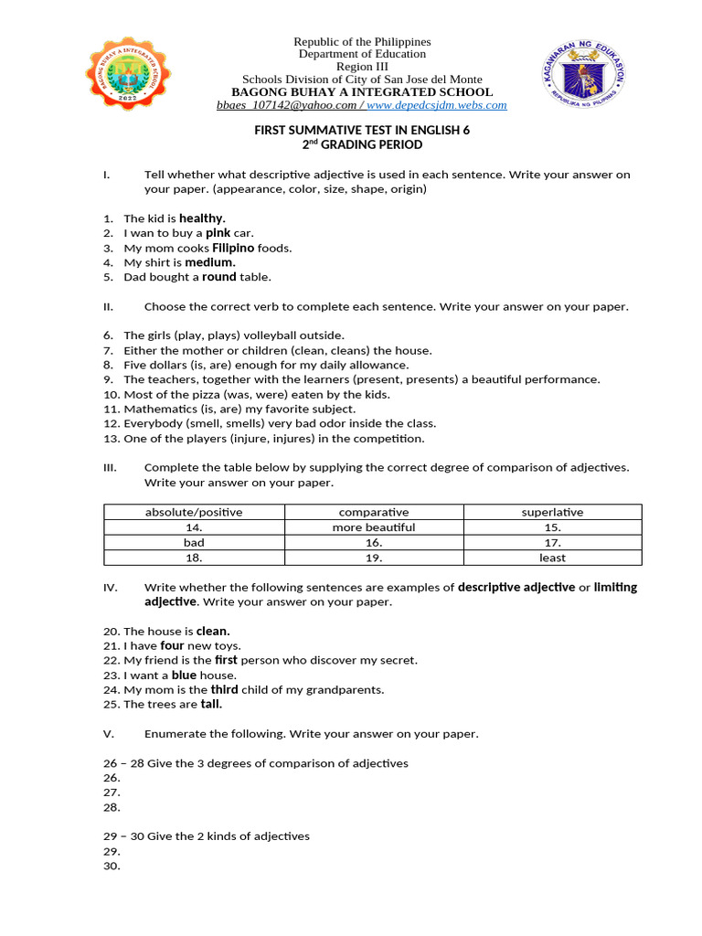 1st Summative Test in ENGLISH | PDF