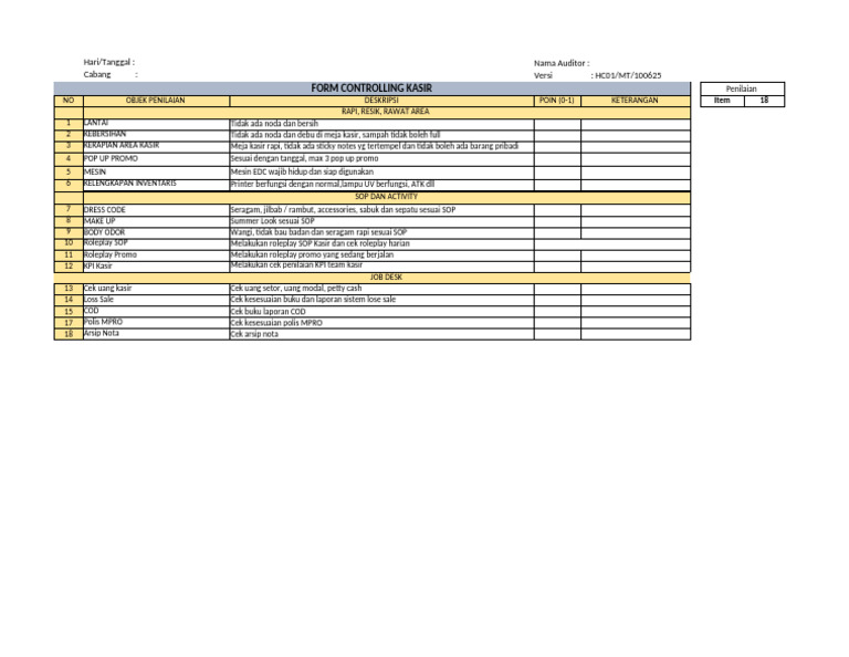 Form Controlling Kasir | PDF