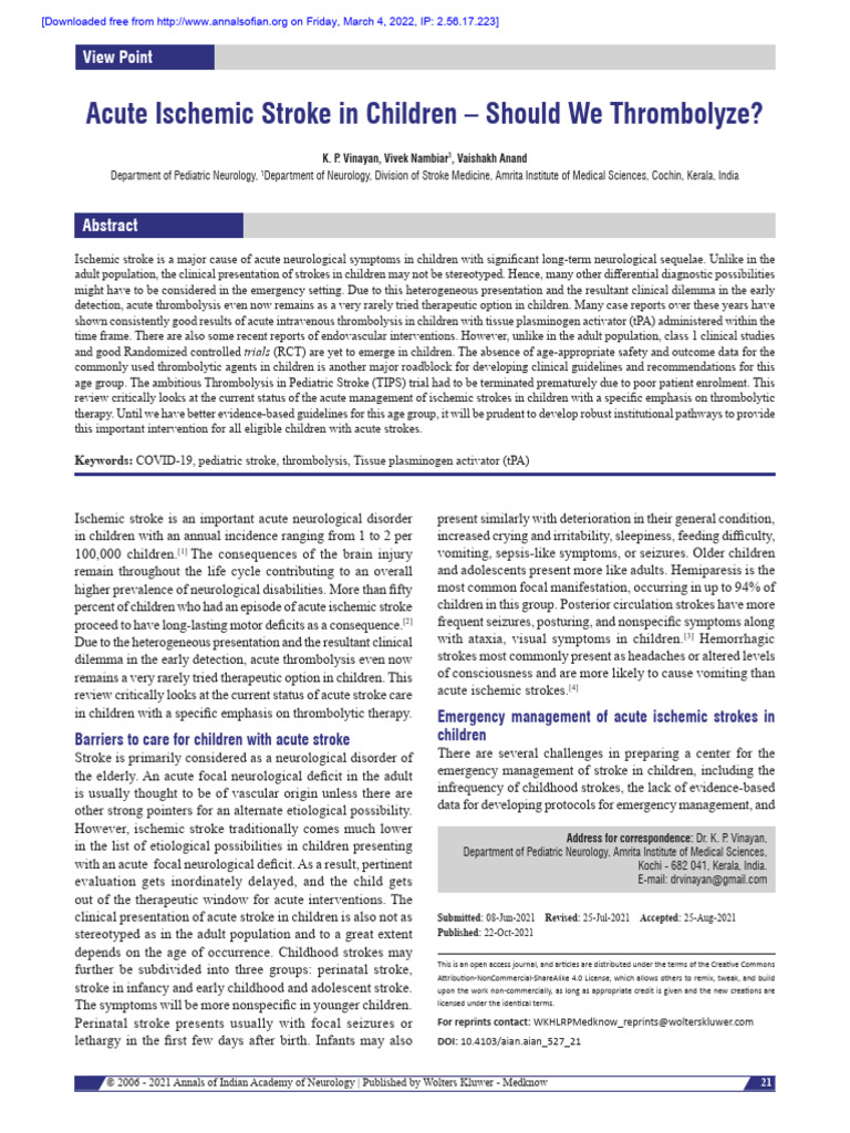 Thrombolysis for Pediatric Stroke Care | PDF | Stroke | Ischemia