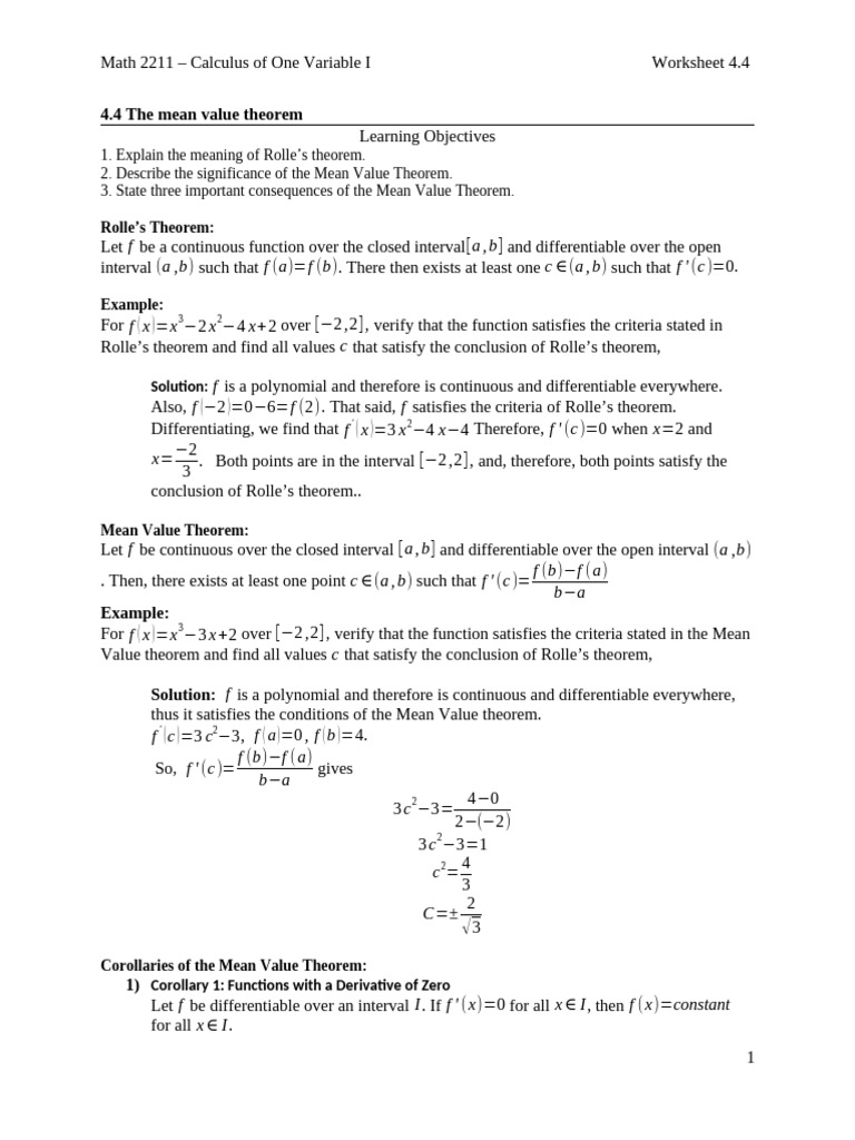 Mean Value Theorem: Examples & Solutions | PDF | Derivative | Real Analysis