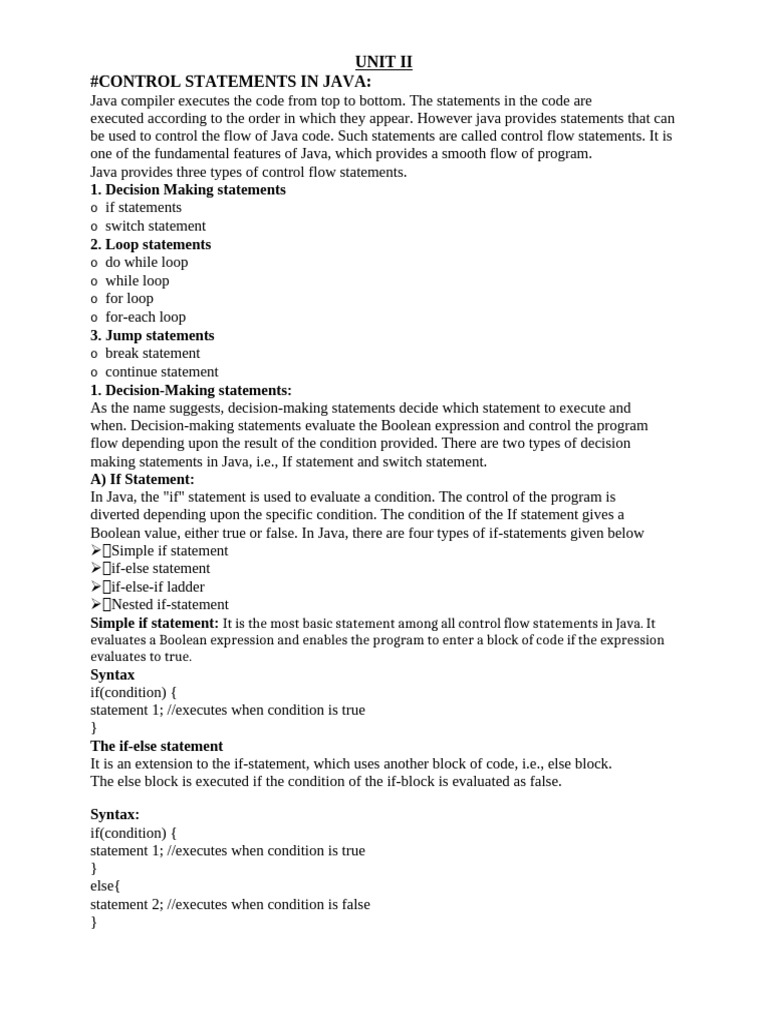 Java Control Statements Overview | PDF | Control Flow | Computer ...