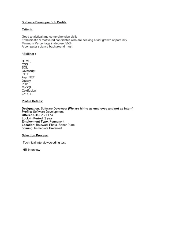 Software Developer Job Opening in Pune | PDF