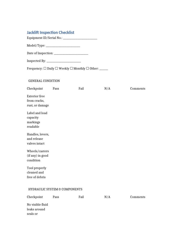 Jacklift Inspection Checklist Guide | PDF