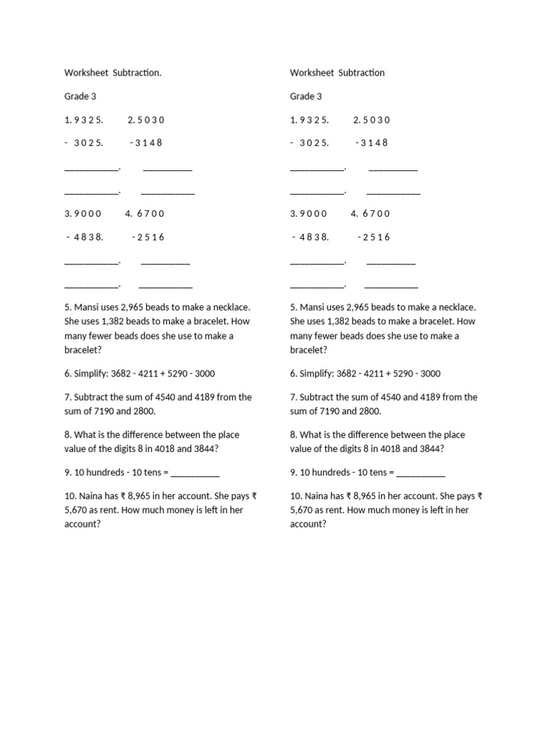 Grade 3 Subtraction Worksheet | PDF