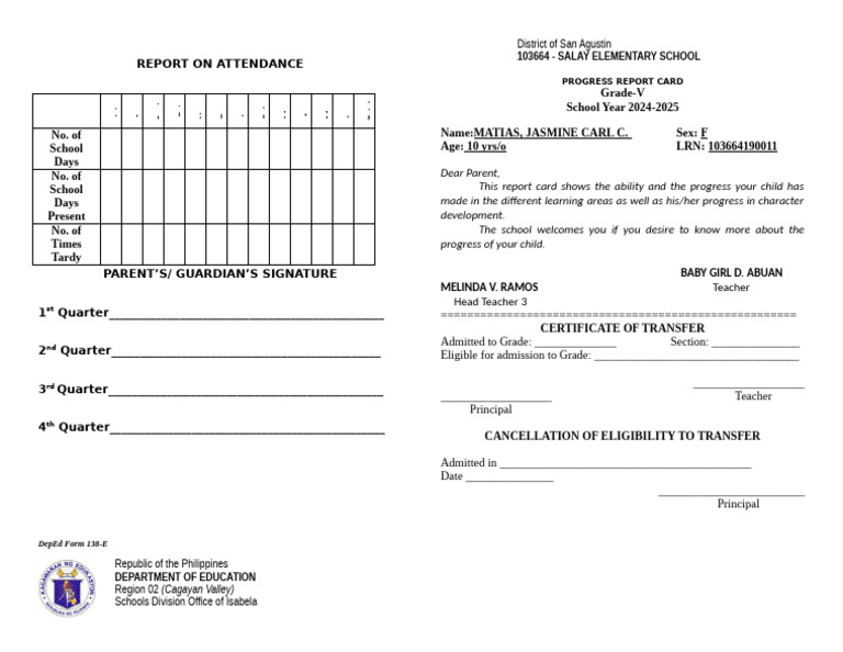 Form 138 Progress Report Card | PDF
