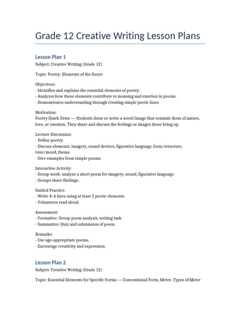 Grade12 Creative Writing Lesson Plans | PDF | Poetry | Metre (Poetry)