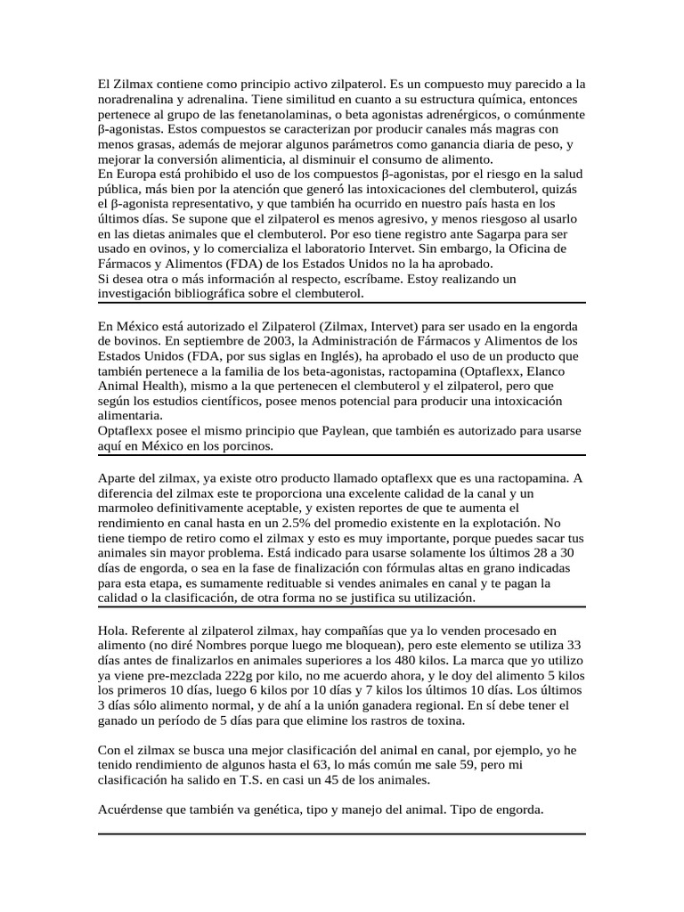 Zilmax: Uso y Efectos en Ganadería | PDF | Alimentos | Administración ...