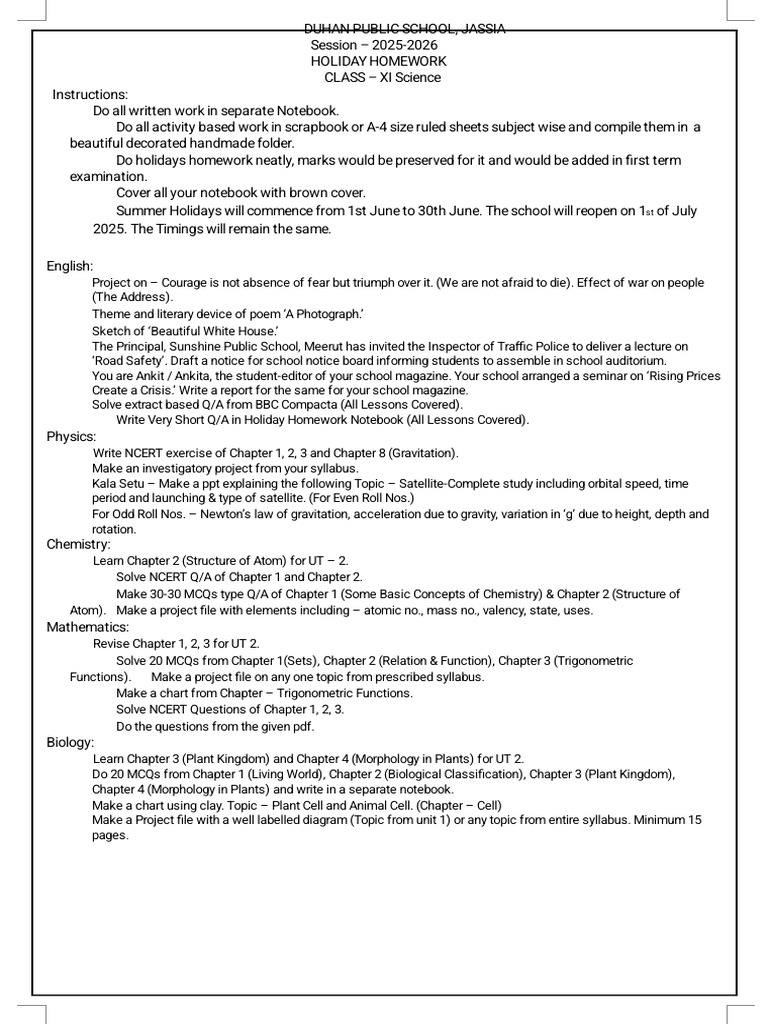 Holiday Homework 11TH Science 2025 - 26 | PDF | Chemistry | Physical ...