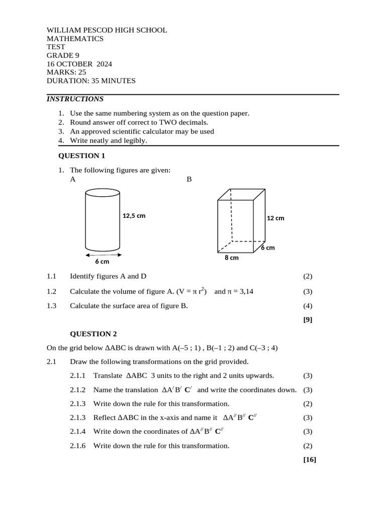 Grade 9 Math Test - 16 Oct 2024 | PDF
