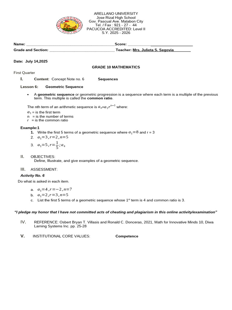 Grade 10 Geometric Sequences Worksheet | PDF