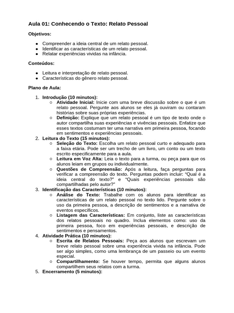 Aula sobre Relato Pessoal: Estrutura e Prática | PDF | Revisão | Narrativa