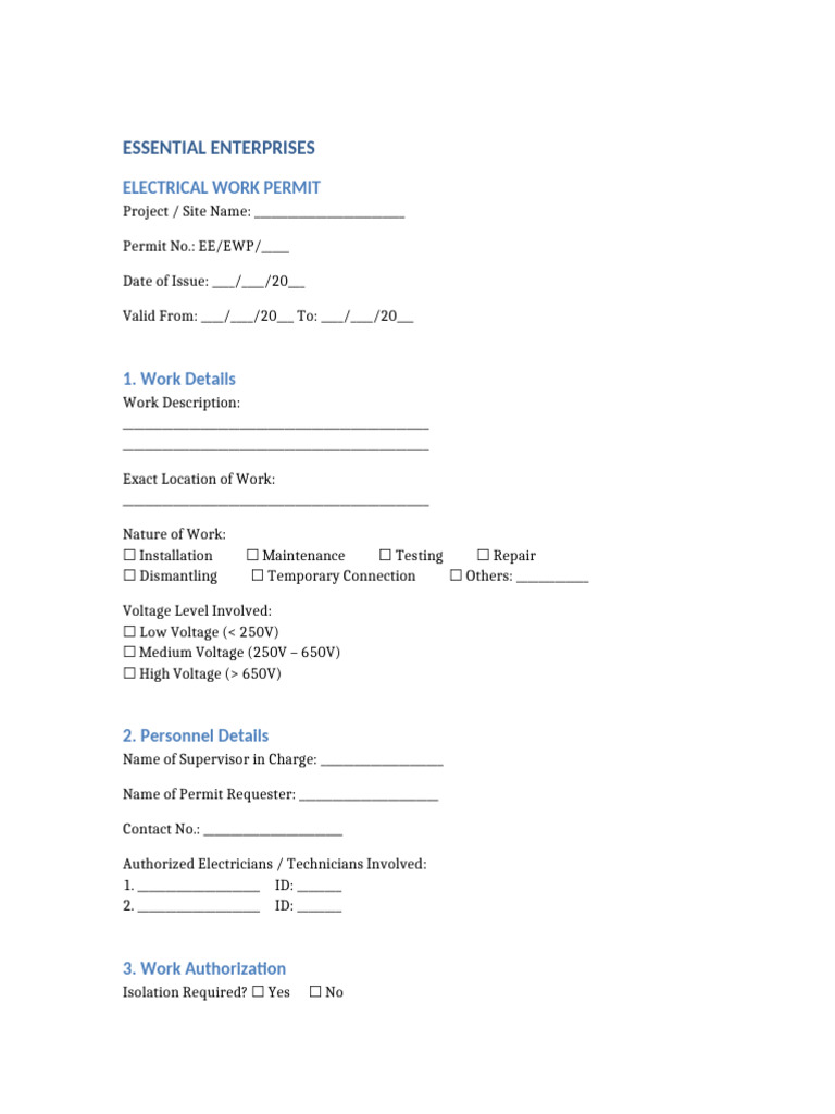 Electrical Work Permit Template | PDF | Personal Protective Equipment ...