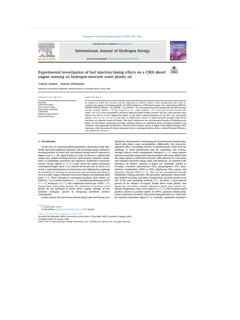 Experimental Investigation of Fuel Injection Timing Effects On A CRDI ...