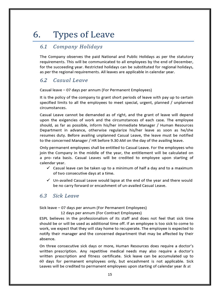 ESPL Employee Hand Book Leave Policy | PDF | Sick Leave | Employment