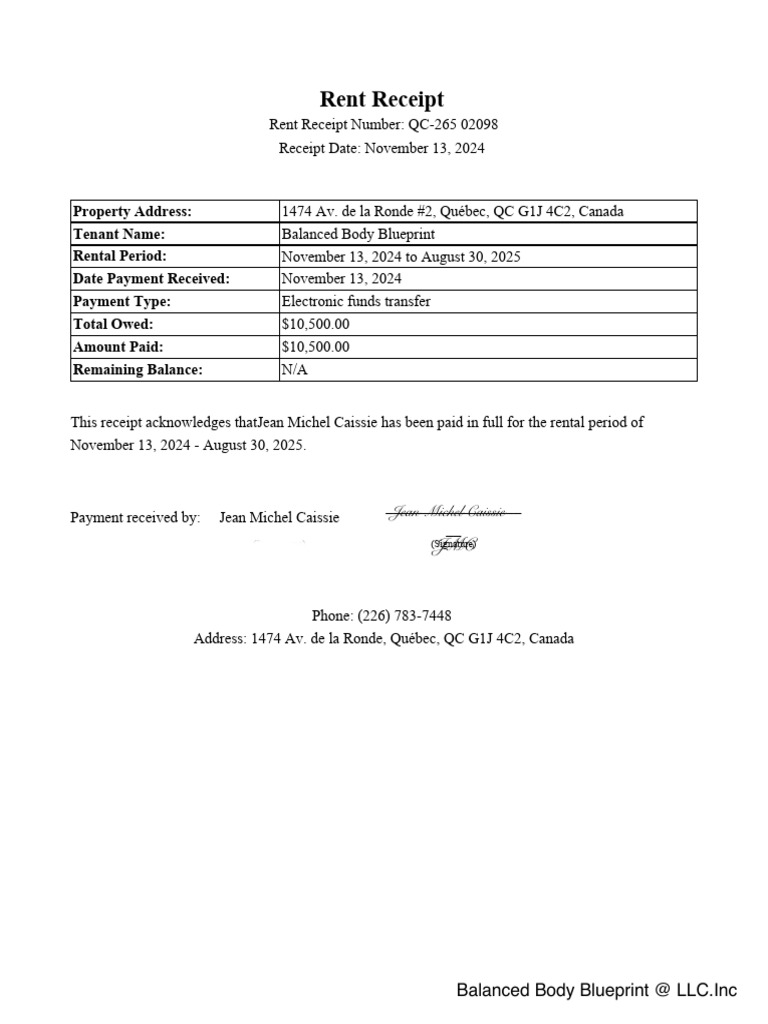 BC Rent Receipt for Balanced Body Blueprint | PDF