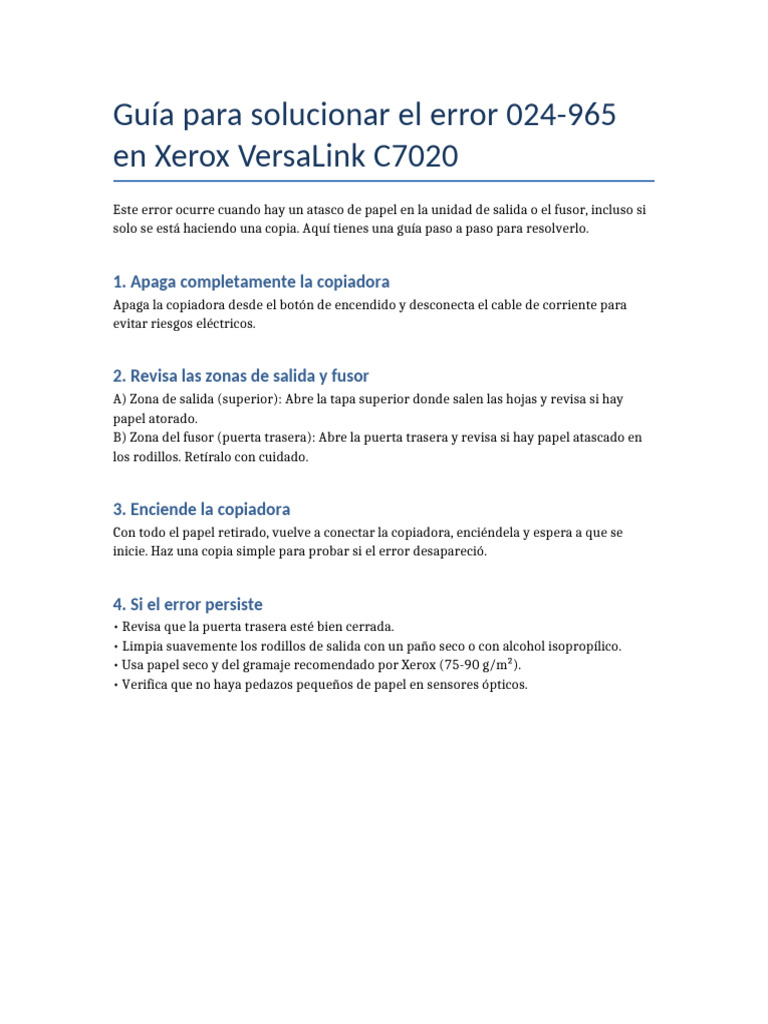 Solución al error 024-965 en Xerox | PDF