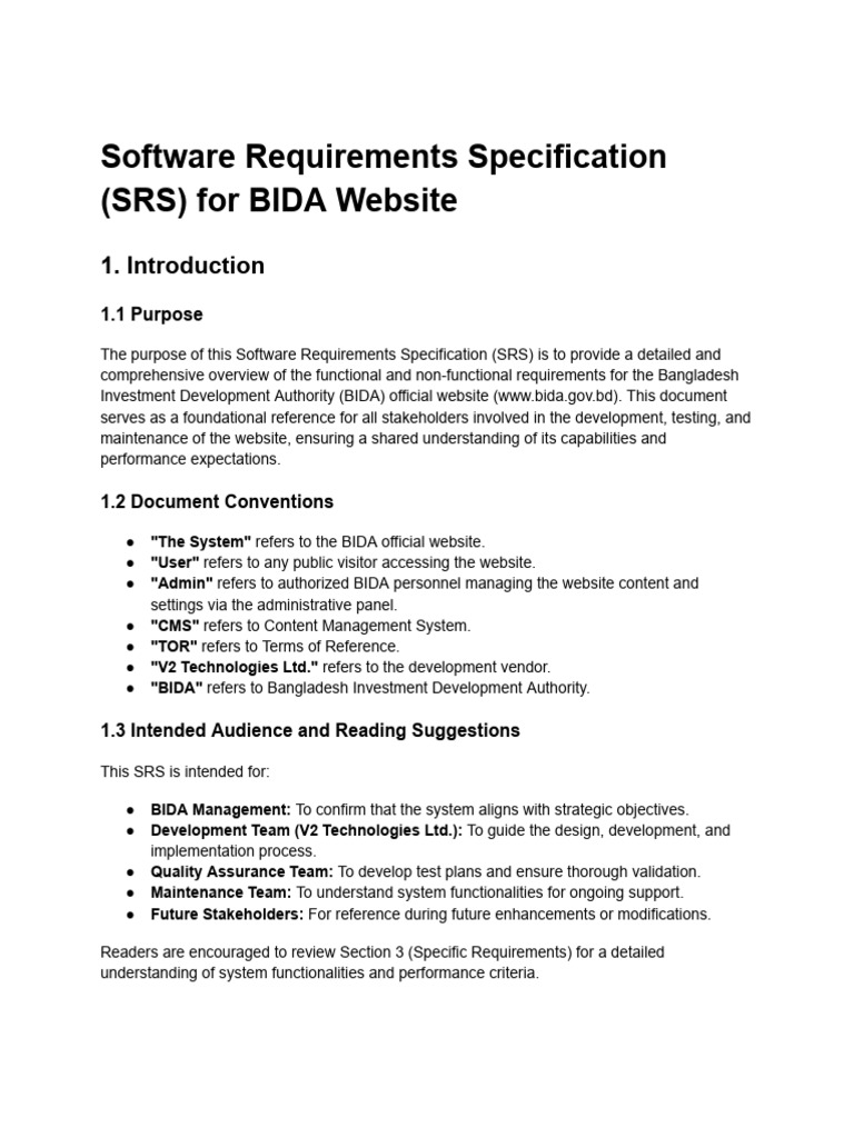 Software Requirements Specification (SRS) For BIDA Website | PDF ...