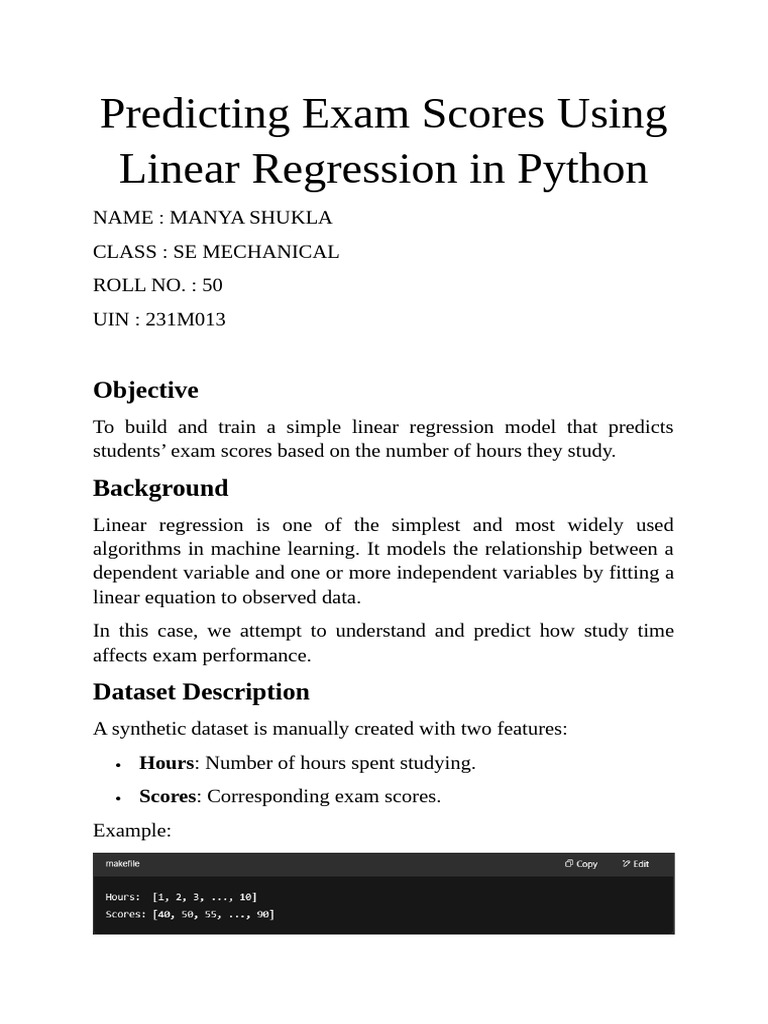 Predicting Exam Scores Using Linear Regression in Python | PDF