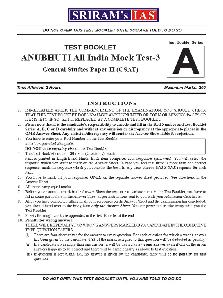 6 April, 2025 - ANUBHUTI All India Open Mock Test - 3 (CSAT) - Question ...
