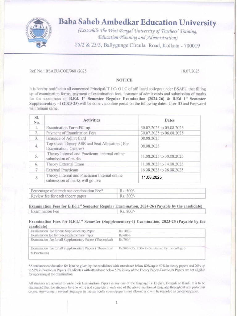 Notice For B Ed 1st Semester Examination | PDF