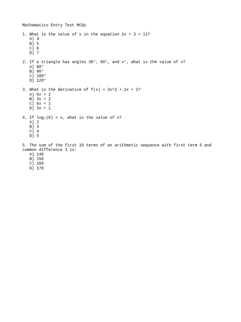 Mathematics Entry Test MCQs | PDF