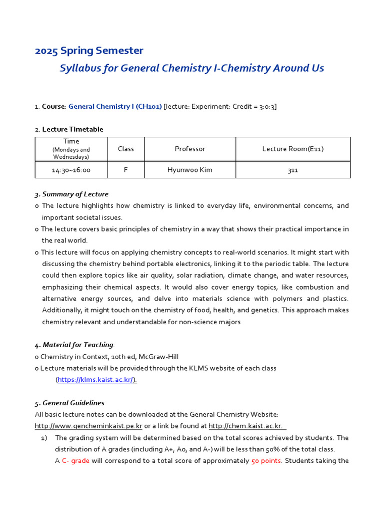 General Chemistry I Syllabus 2025 | PDF | Chemistry