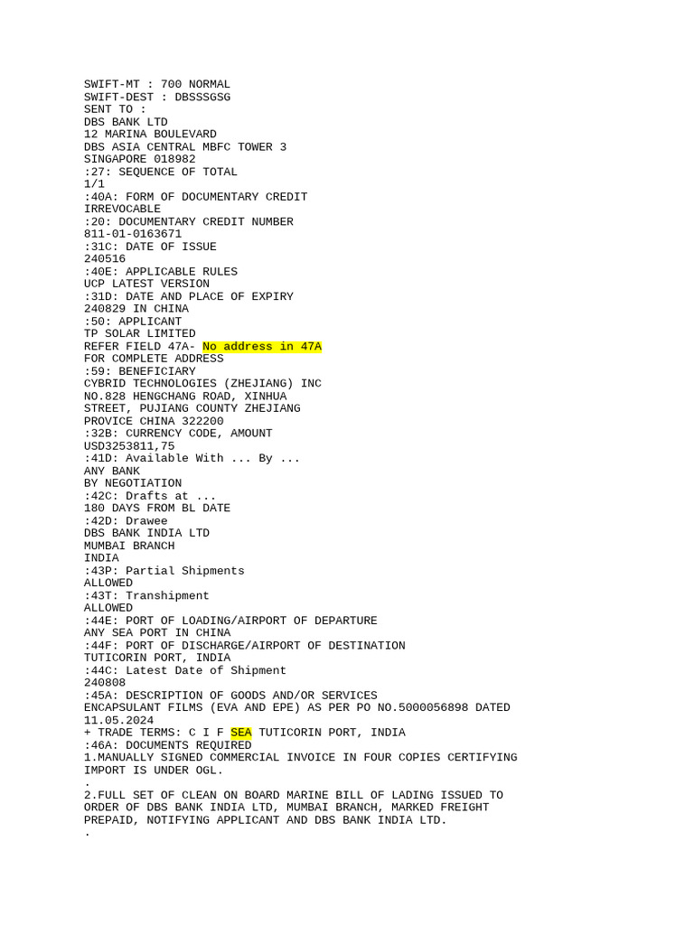 811-01-0163671 Draft | PDF | Banks | Letter Of Credit