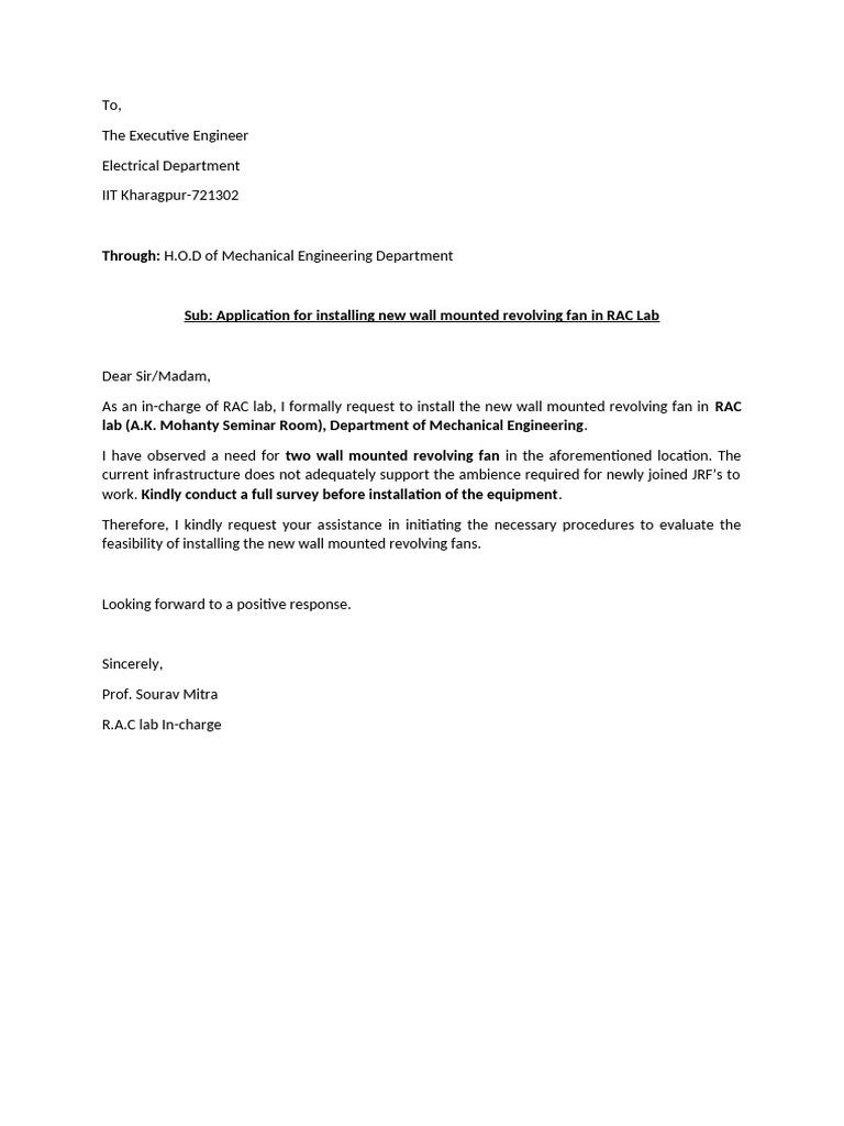 Request for Wall-Mounted Fan Installation | PDF