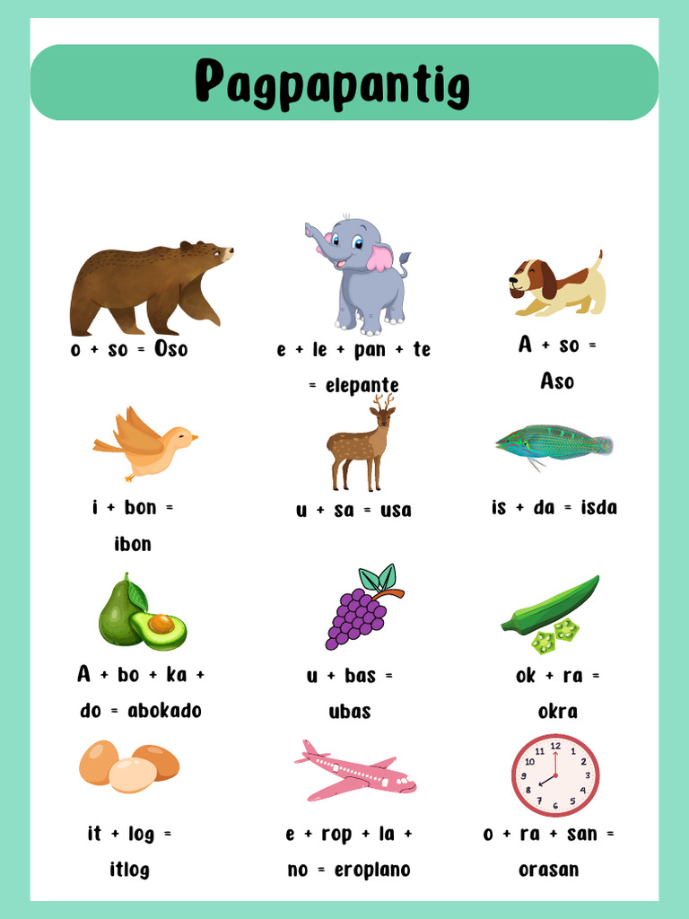 Green Illustrative Filipino Vowel Letters Worksheet Pdf