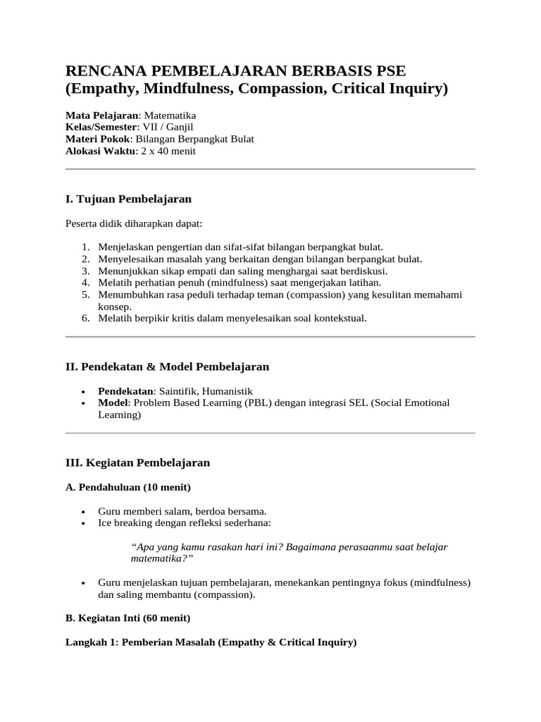 Rencana Pembelajaran Matematika PSE | PDF