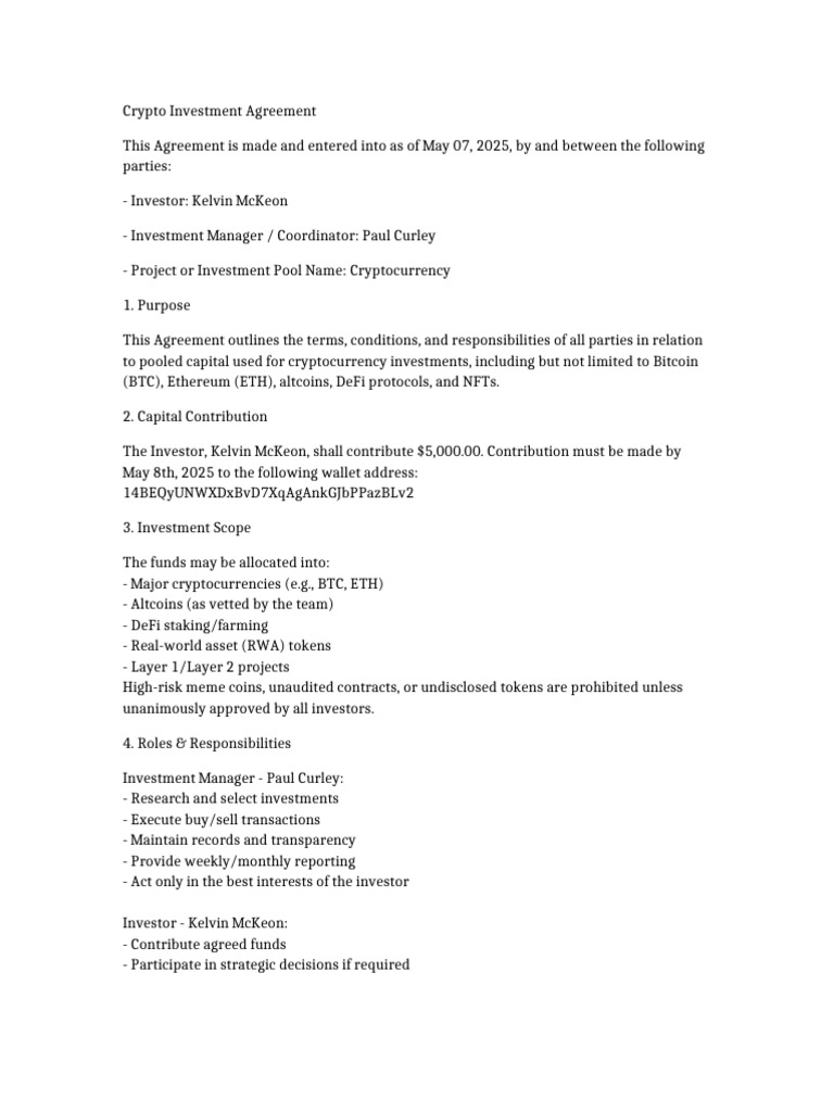 Form Crypto Investment Agreement | PDF | Cryptocurrency | Non Disclosure  Agreement