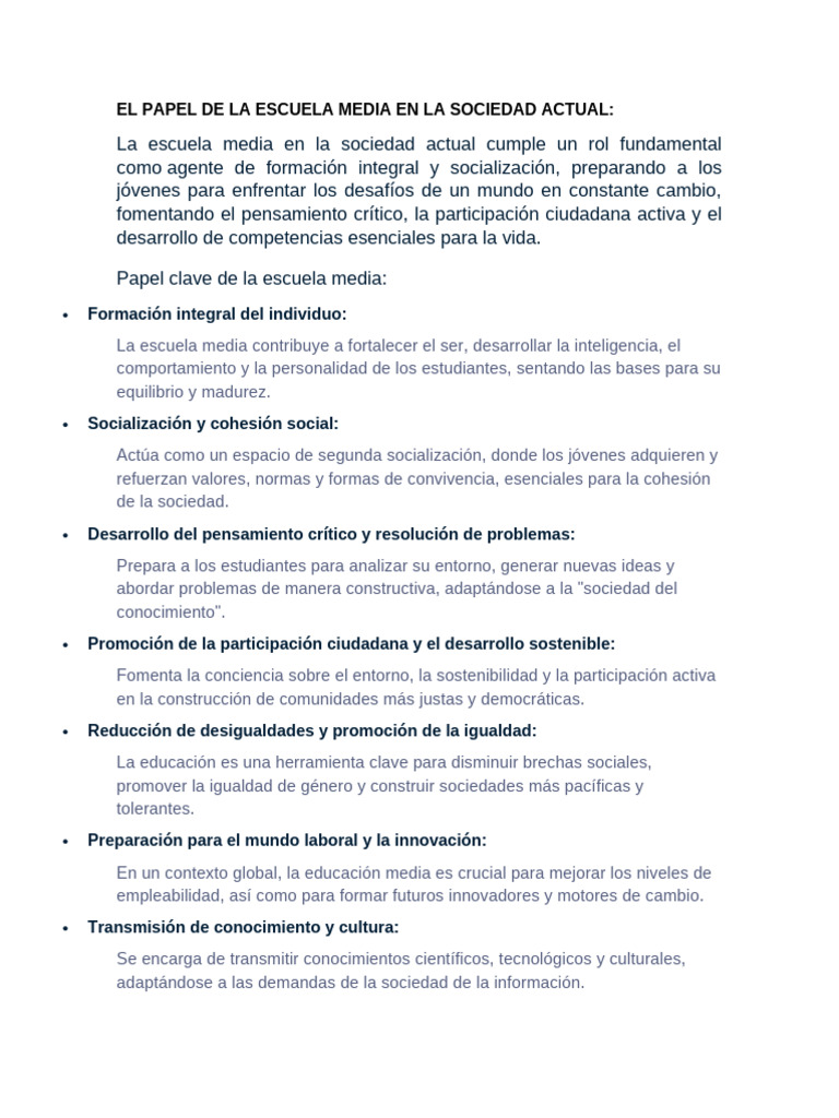 Rol de la Escuela Media en la Sociedad Actual | PDF