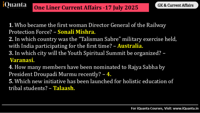 Daily One Liner Current Affairs - 17 July 2025 | PDF