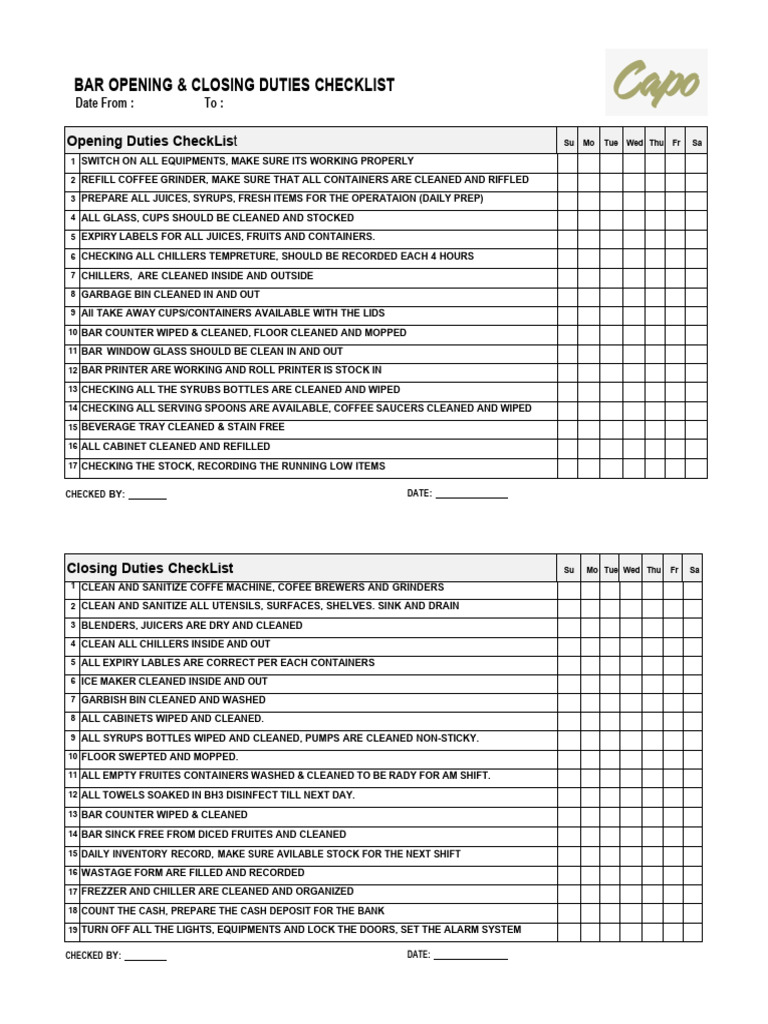 Barista Opening & Closing Checklist | PDF