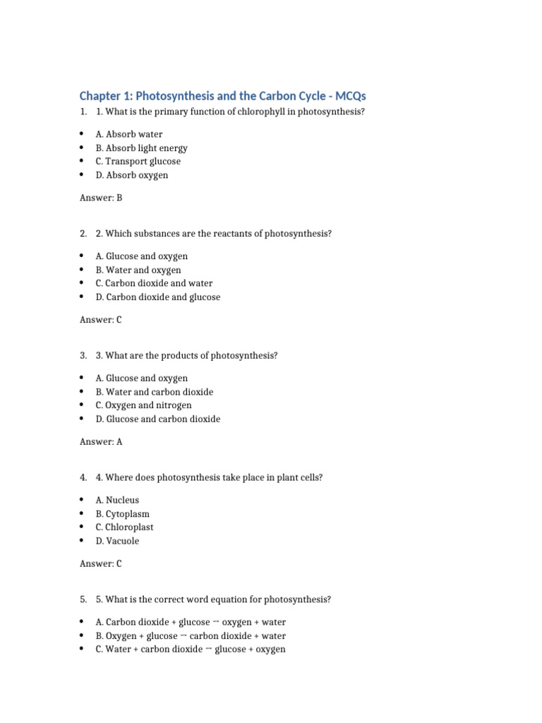 MCQs on Photosynthesis for Class 7 | PDF | Photosynthesis | Leaf