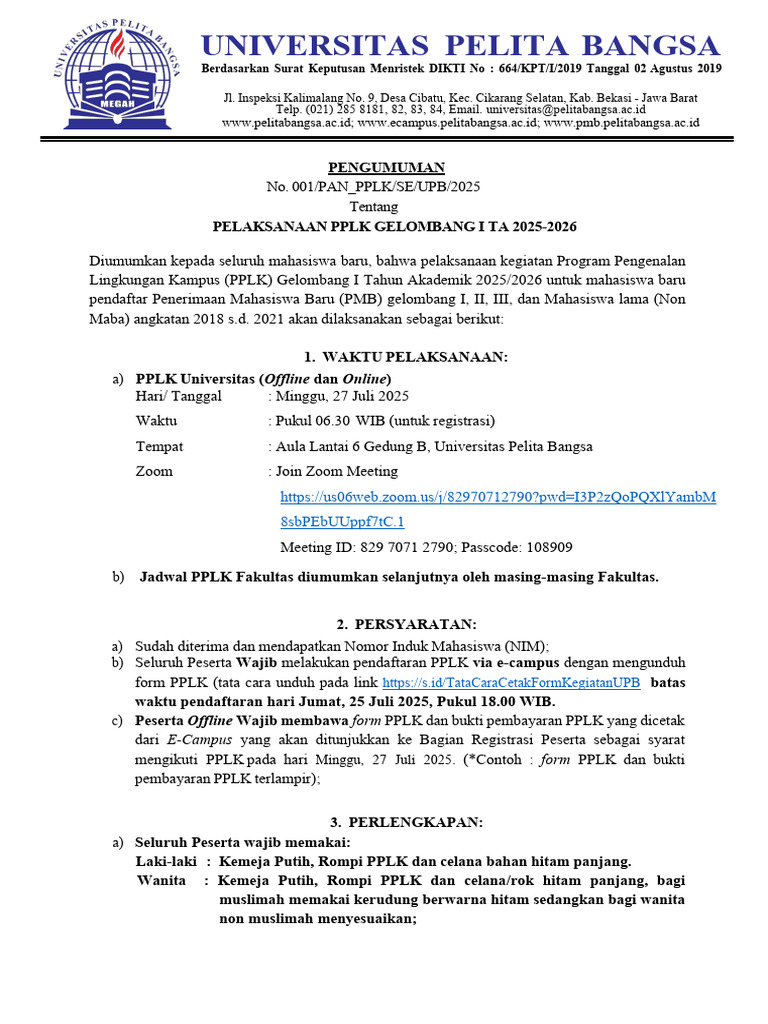 PPLK Universitas Pelita Bangsa 2025 | PDF