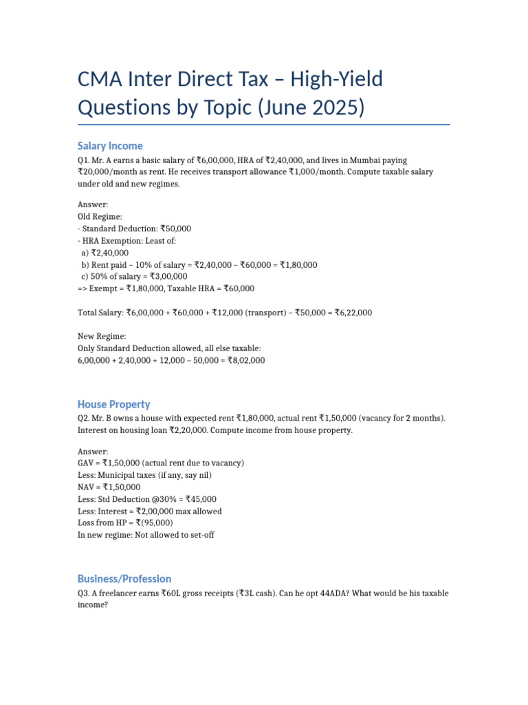 CMA Inter Direct Tax Q&A Guide 2025 | PDF | Capital Gains Tax | Tax ...