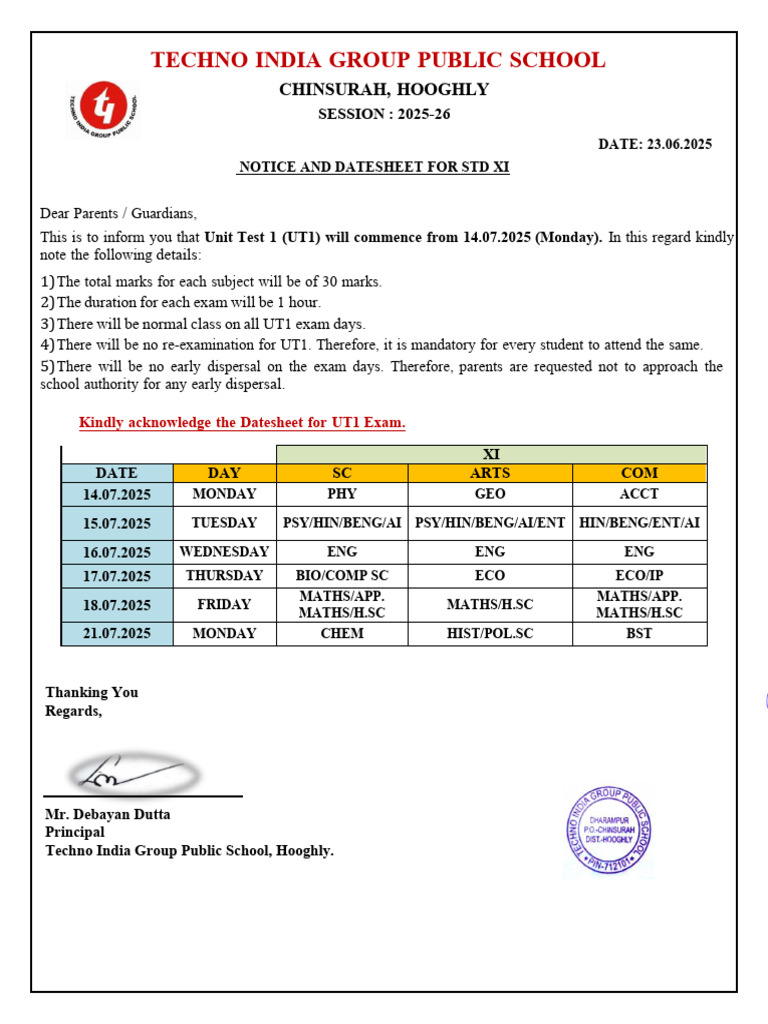 UT1 Datesheet for Std XI - 2025-26 | PDF