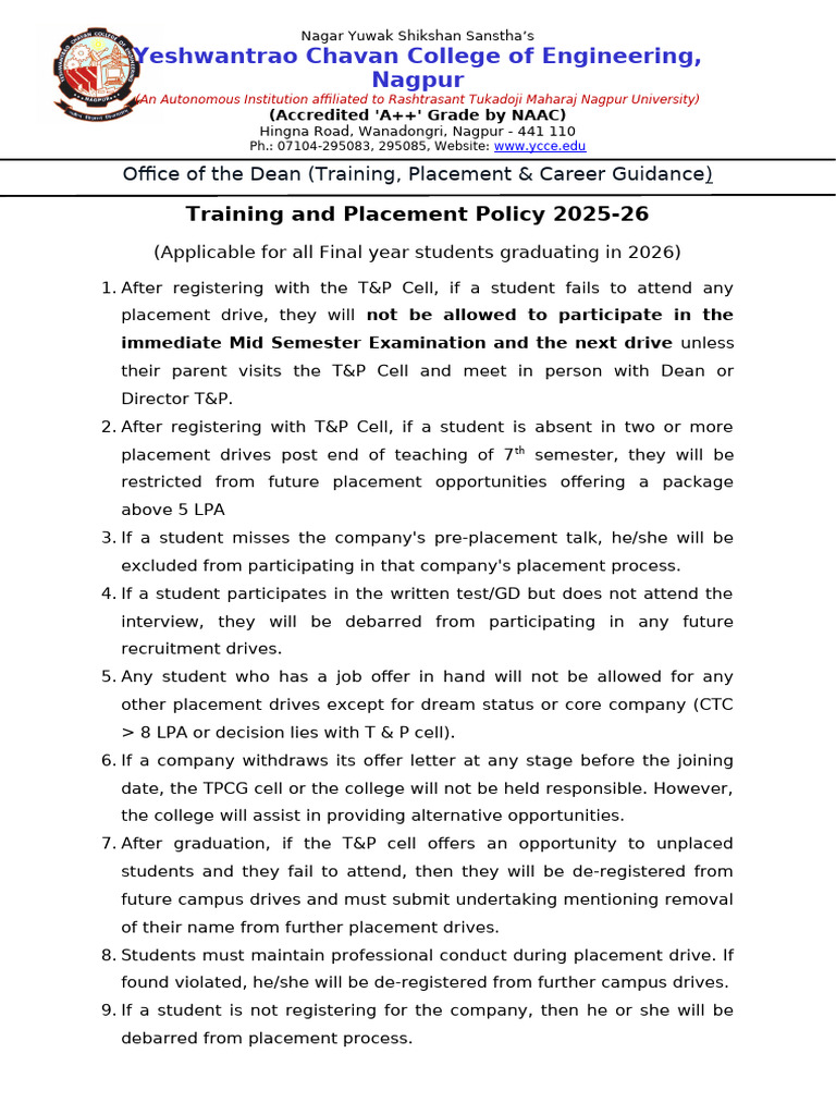 Training and Placement Policy 2026 | PDF