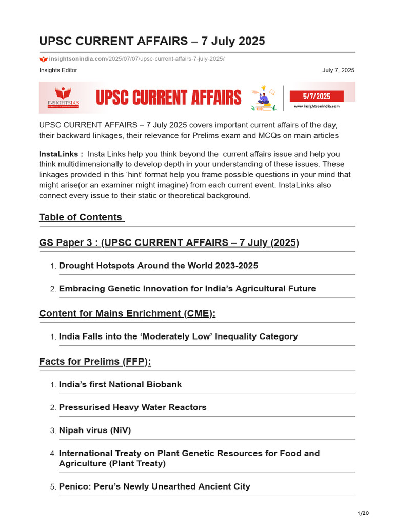 UPSC Current Affairs: July 7, 2025 | PDF | Drought